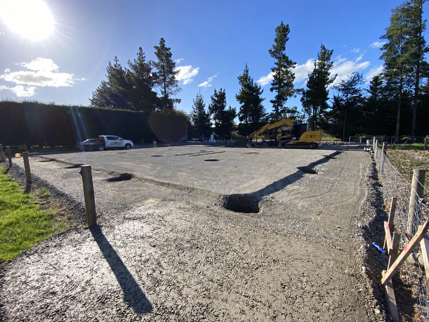 Compacted shed site with formed footings and NEXT machinery